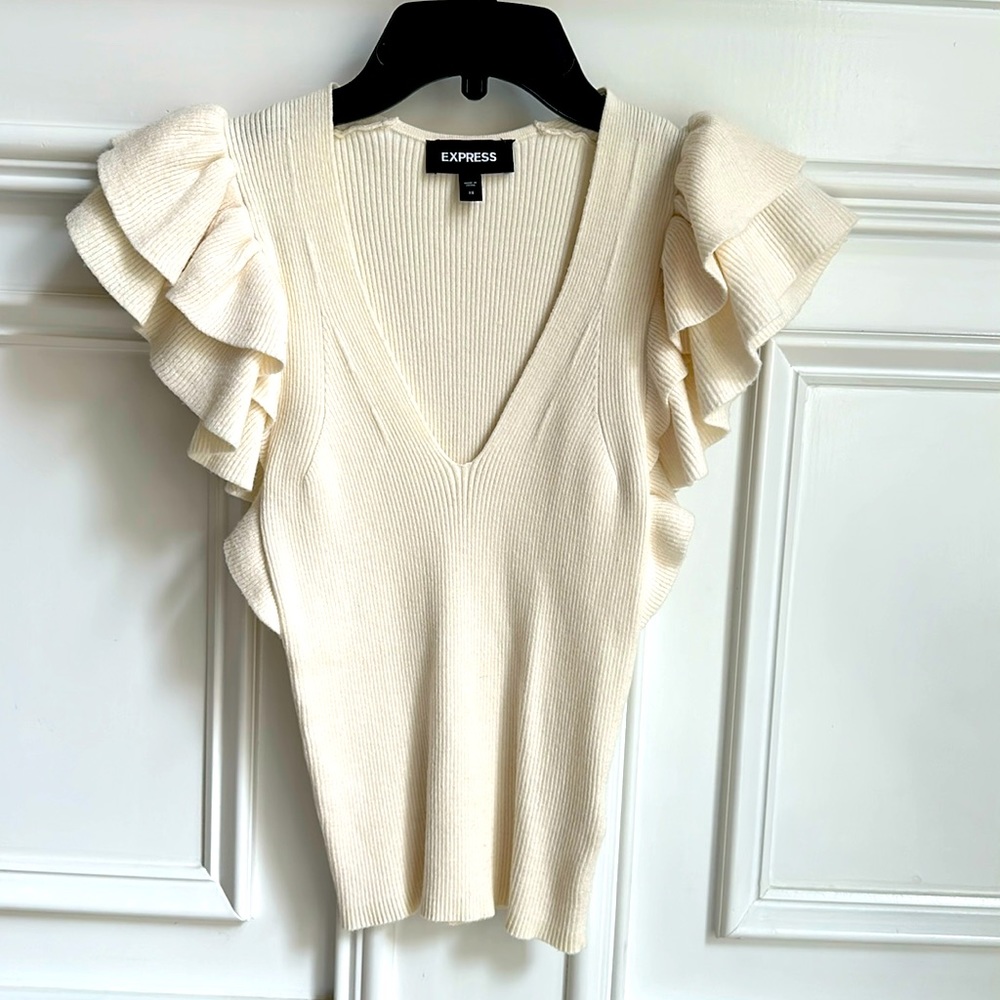 Express Cream V-Neck Sweater with Ruffle Sleeves